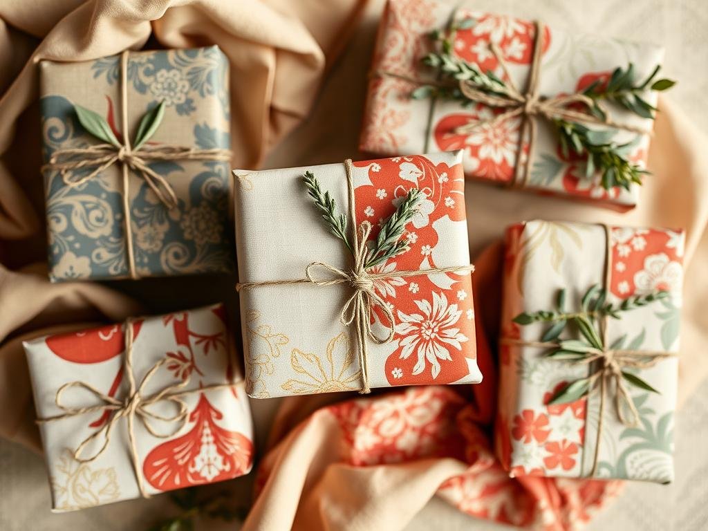 Gifts wrapped in furoshiki style with patterned fabric and botanical elements