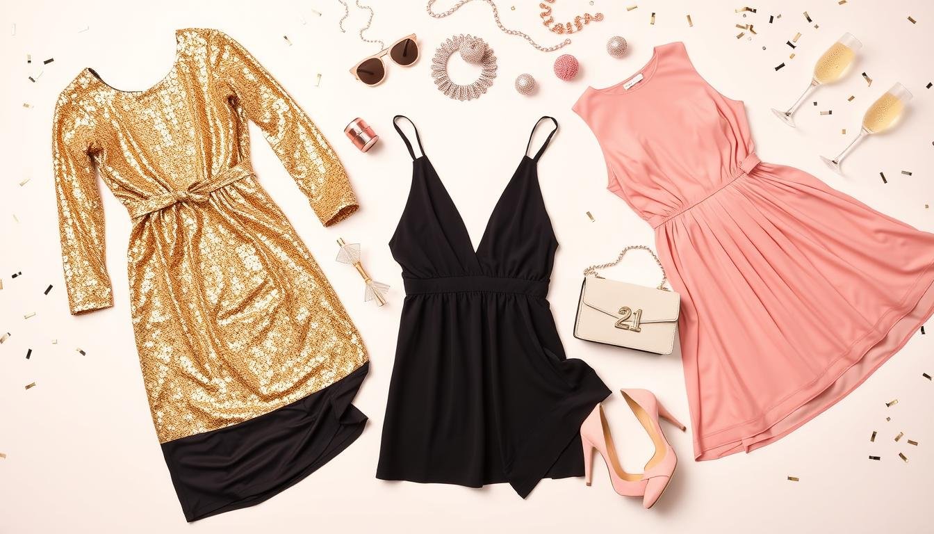 Glamorous 21st birthday outfits collection featuring sequin dresses, stylish jumpsuits, and chic cocktail attire