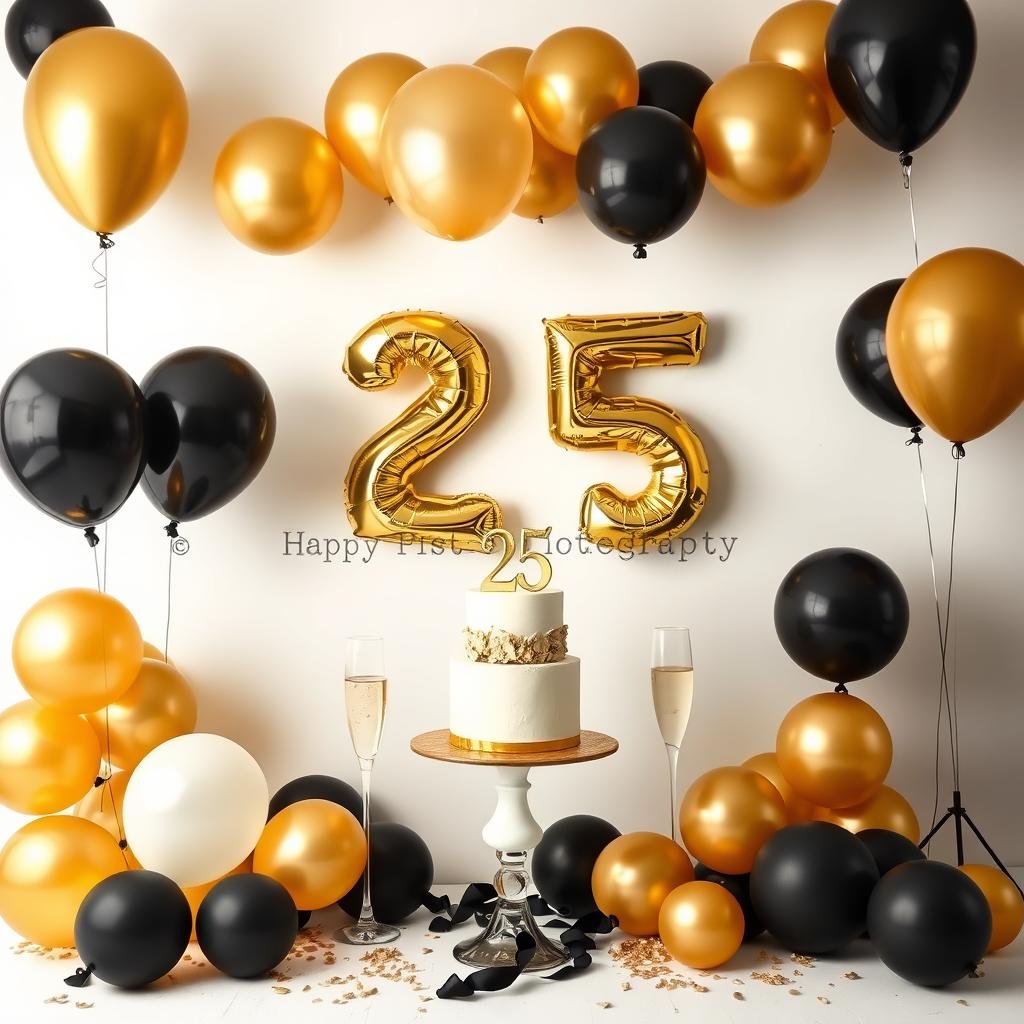 Glamorous 25th birthday photoshoot with gold and black decorations Glamorous 25th birthday photoshoot with gold and black decorations