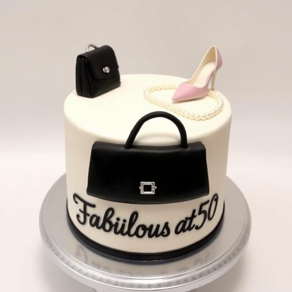 Glamorous fashion-themed 50th birthday cake with shoe topper and edible pearls Glamorous fashion-themed 50th birthday cake with shoe topper and edible pearls