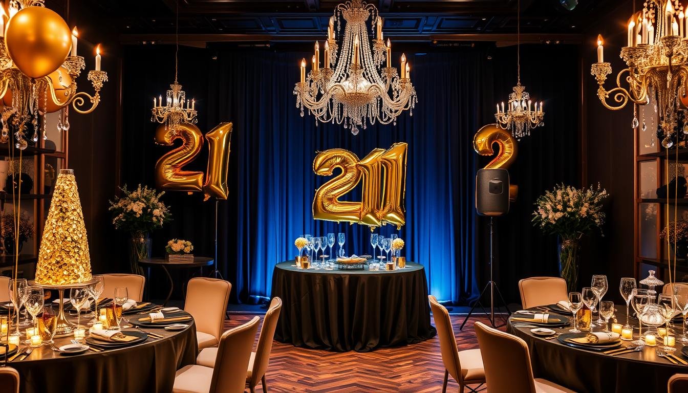 Glamorous gold and black 21st birthday party setup with elegant decorations, champagne tower, and mood lighting