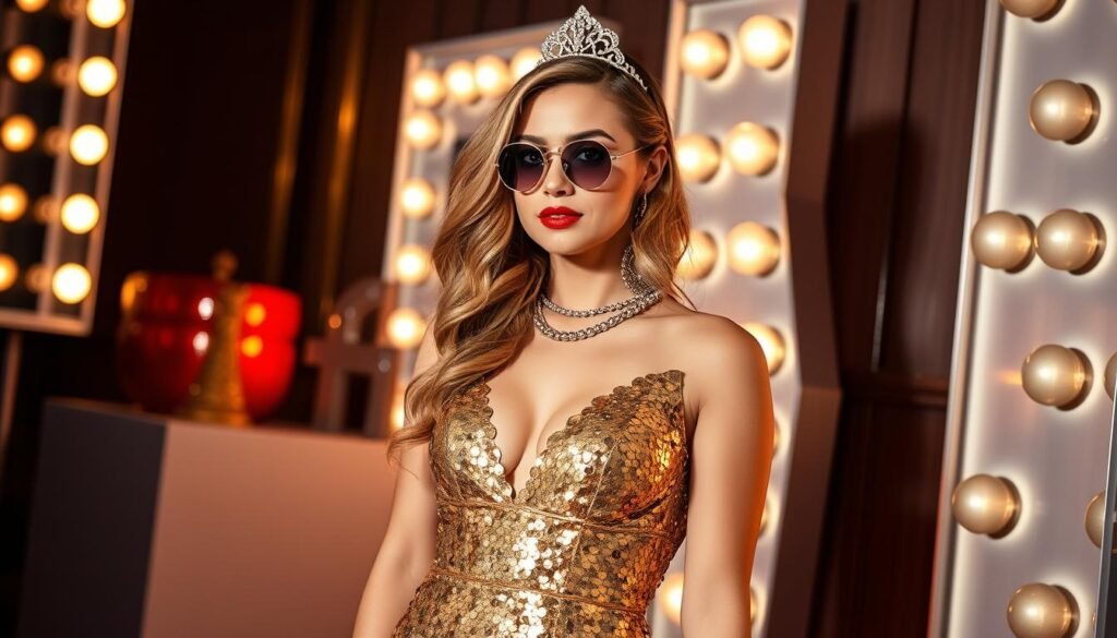 Glamorous outfit for Hollywood themed 16th birthday party with red carpet style