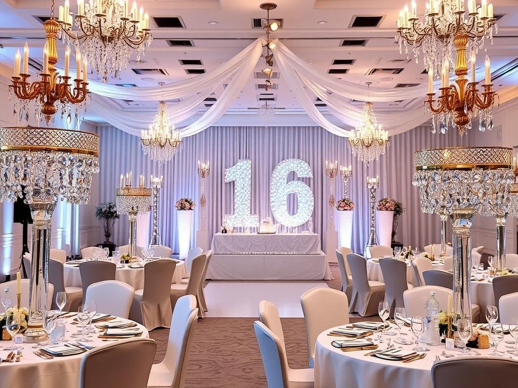Glamorous sweet 16 decorations with crystal elements, metallic accents, and elegant lighting Glamorous sweet 16 decorations with crystal elements, metallic accents, and elegant lighting
