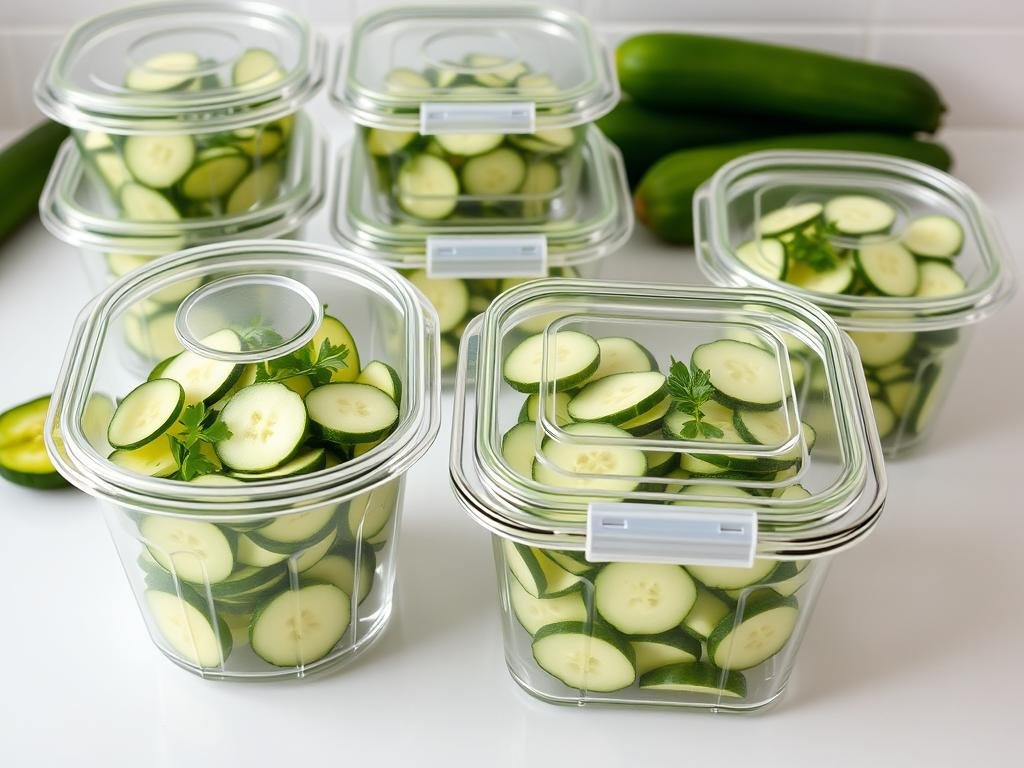 Glass food storage containers with cucumber salads being prepared for refrigeration