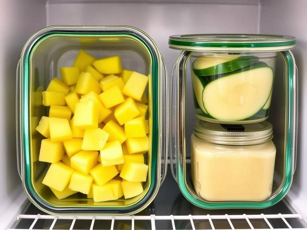 Glass food storage containers with prepared pineapple cucumber salad components stored separately