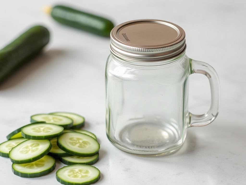 Glass mason jar with lid next to cucumber slices