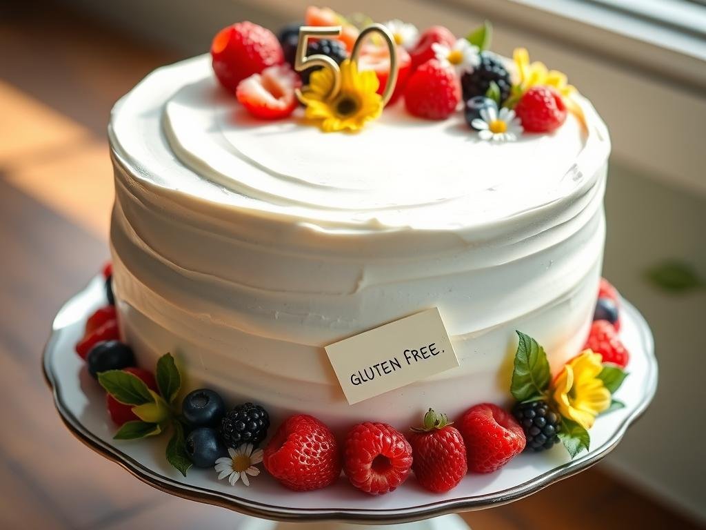 Gluten-free 50th birthday cake with fresh fruit decorations Gluten-free 50th birthday cake with fresh fruit decorations