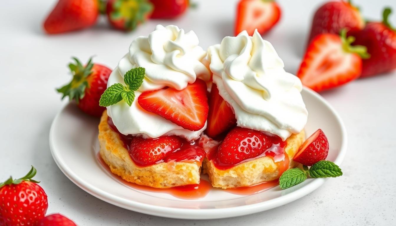 Gluten free strawberry shortcake with fresh berries and whipped cream on a decorative plate