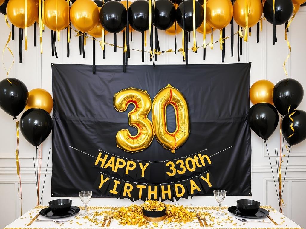 Gold and black 30th birthday decoration setup with balloons, banners, and table decor Gold and black 30th birthday decoration setup with balloons, banners, and table decor