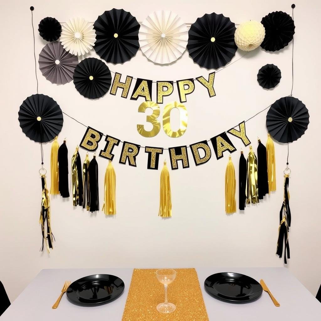 Gold and black party decorations including banner, paper fans, and table settings Gold and black party decorations including banner, paper fans, and table settings