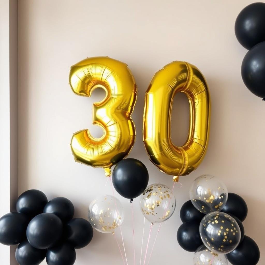 Gold foil number '30' balloons with black accent balloons Gold foil number '30' balloons with black accent balloons