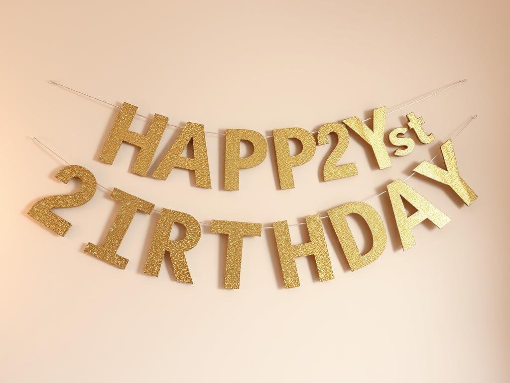 Gold glitter 21st birthday banner hanging against a neutral wall