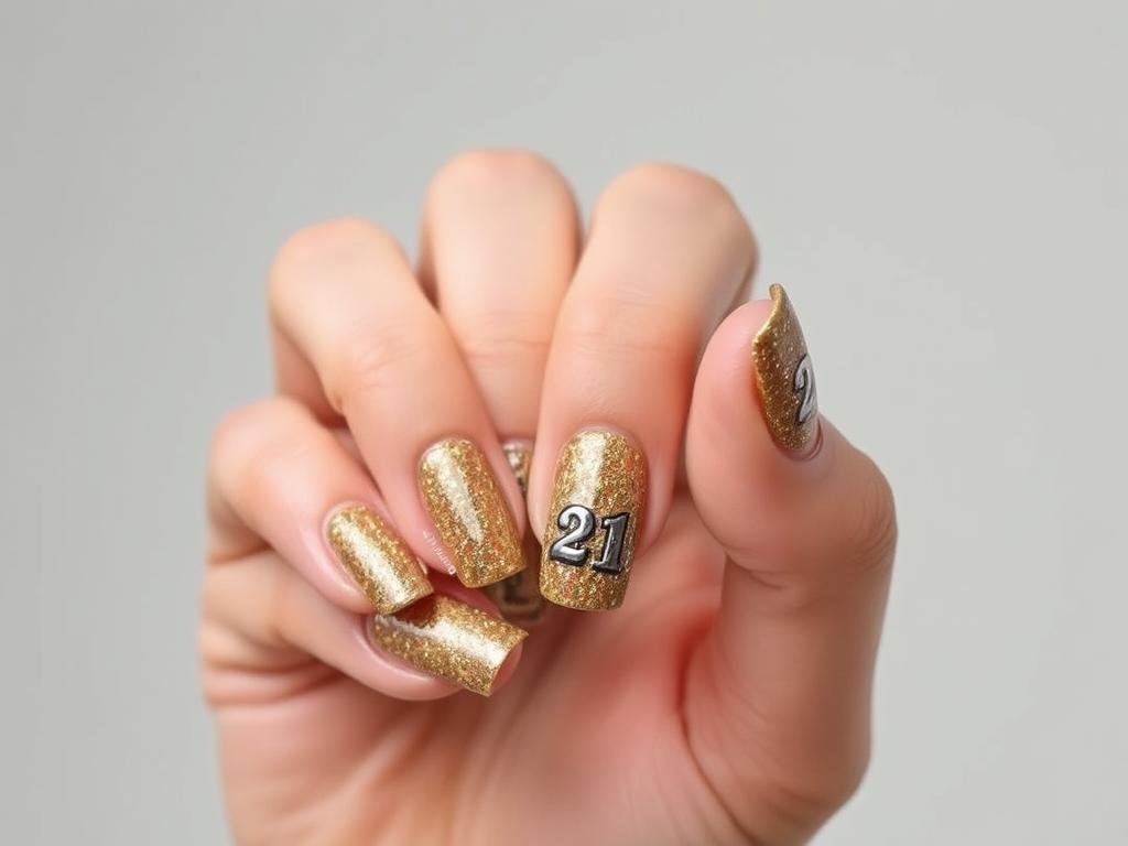 Gold glitter 21st birthday nails with accent number design
