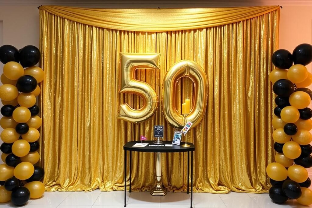 Gold sequin backdrop with large 50 number balloons for a photo opportunity area Gold sequin backdrop with large 50 number balloons for a photo opportunity area