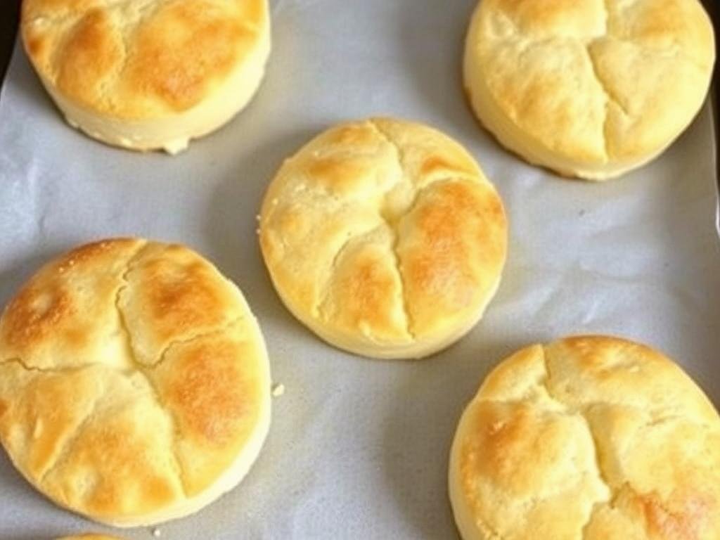 Golden brown Bisquick shortcake biscuits fresh from the oven on a baking sheet