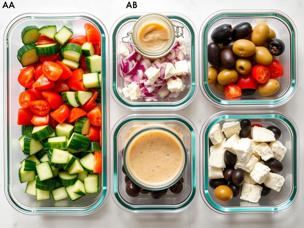Greek cucumber salad components stored separately in glass containers for meal prep