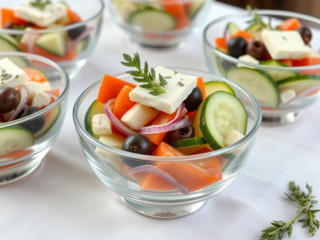 Greek cucumber salad served in individual portions in small glass bowls for an elegant presentation