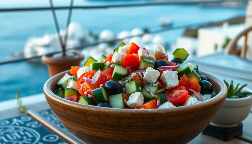 Greek cucumber salad served on a patio overlooking a Mediterranean landscape