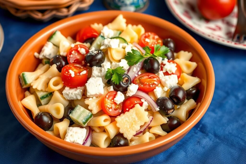 Greek-inspired creamy pasta salad with feta and olives