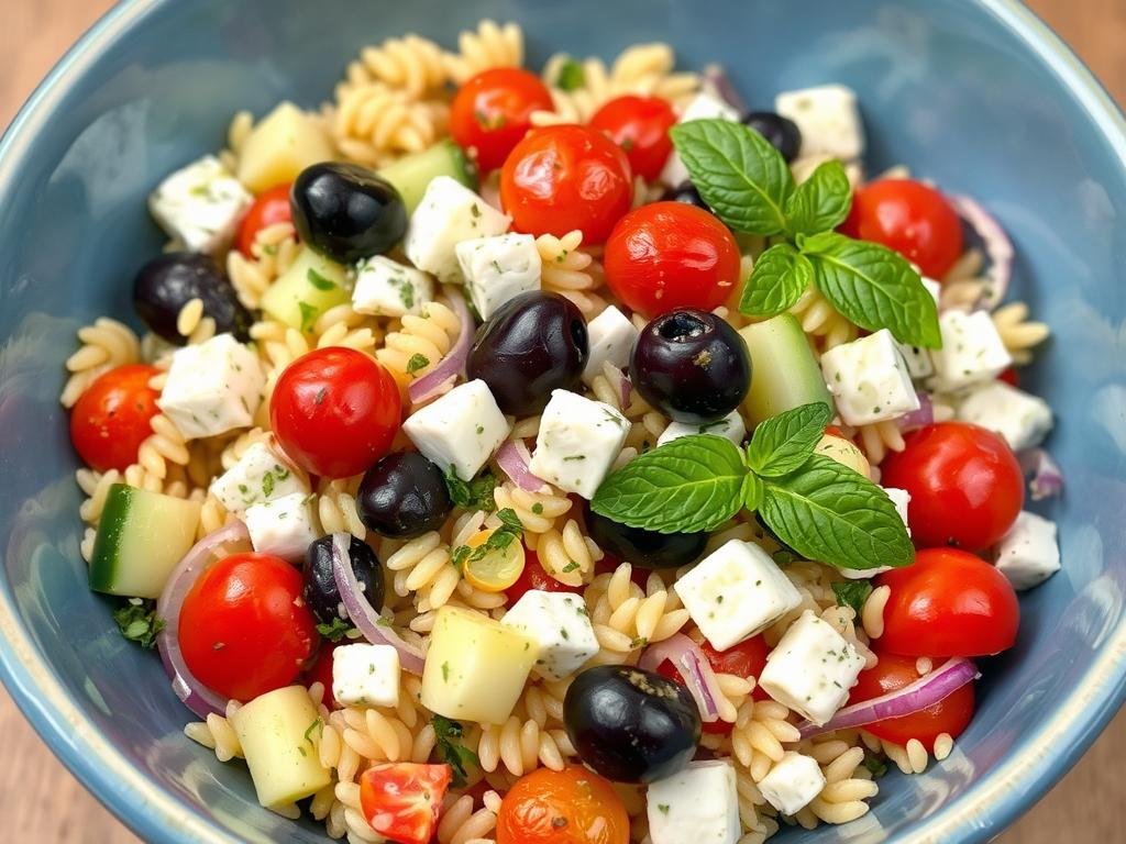 Greek orzo pasta salad with feta cheese, kalamata olives, cucumber, and red onion