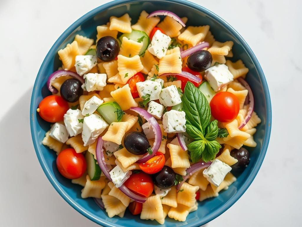 Greek pasta salad with feta cheese, olives, and cucumber in a blue bowl