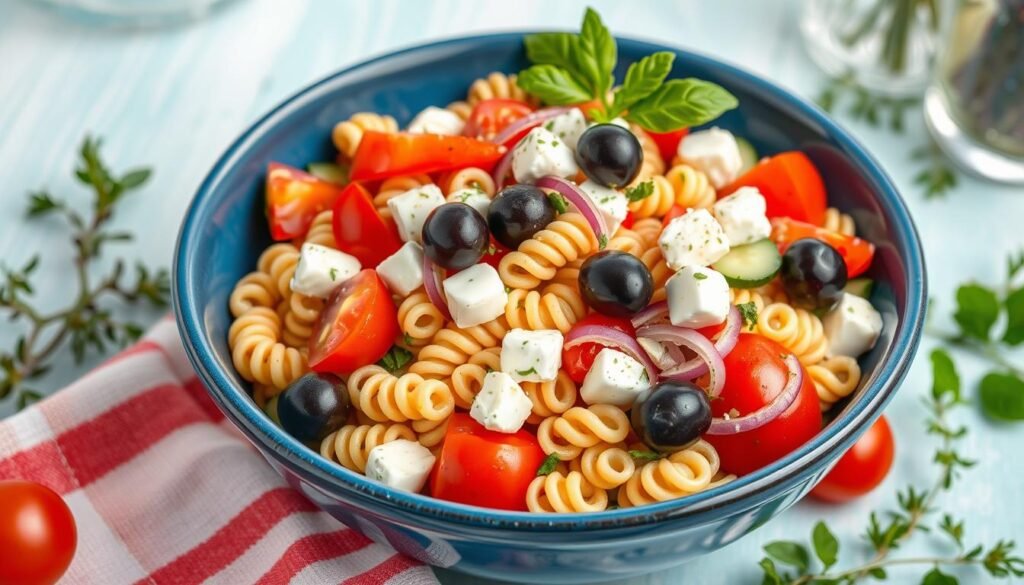 Greek pasta salad with feta cheese, olives, and vegetables