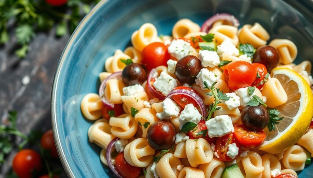 Greek pasta salad with feta cheese, olives, cucumber and red onion