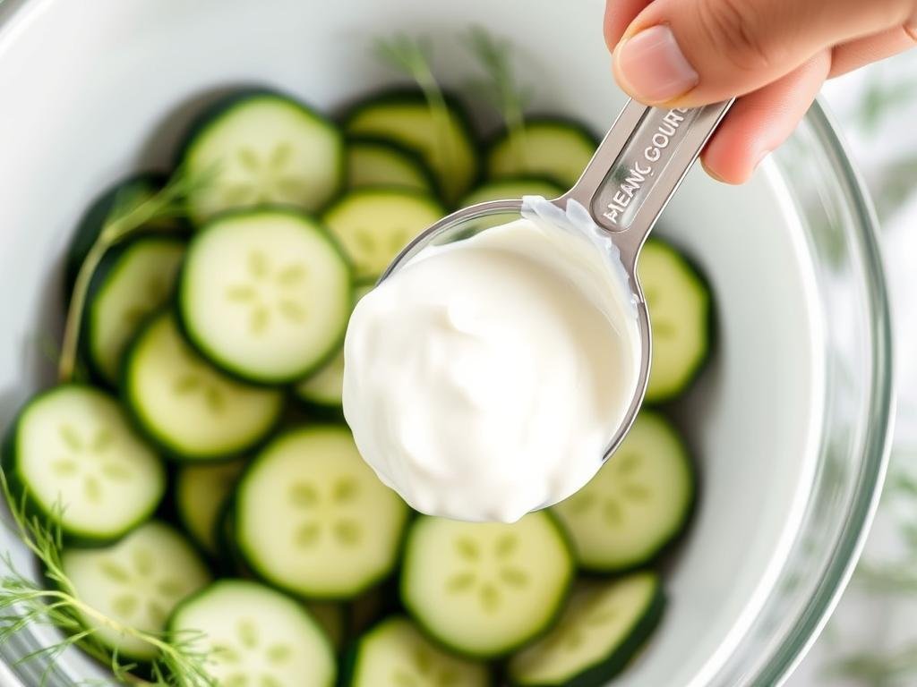 Greek yogurt being used as a substitute for sour cream in cucumber salad