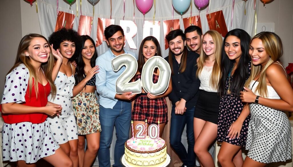 Group of friends celebrating 20th birthday in stylish outfits