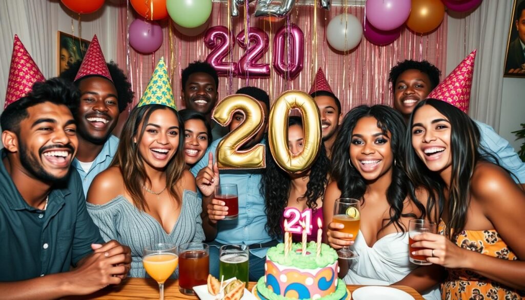 Group of friends celebrating a 20th birthday with party hats and decorations