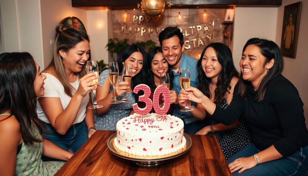 Group of friends celebrating a 30th birthday with cake, champagne toast, and joyful atmosphere Group of friends celebrating a 30th birthday with cake, champagne toast, and joyful atmosphere