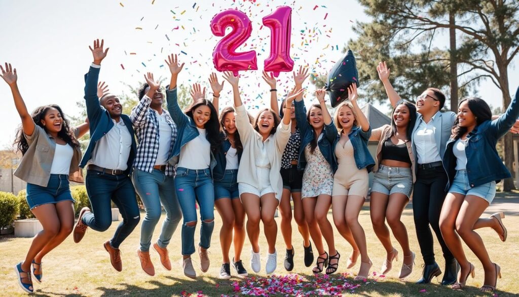 Group of friends having fun at a 21st birthday photoshoot with balloons and confetti