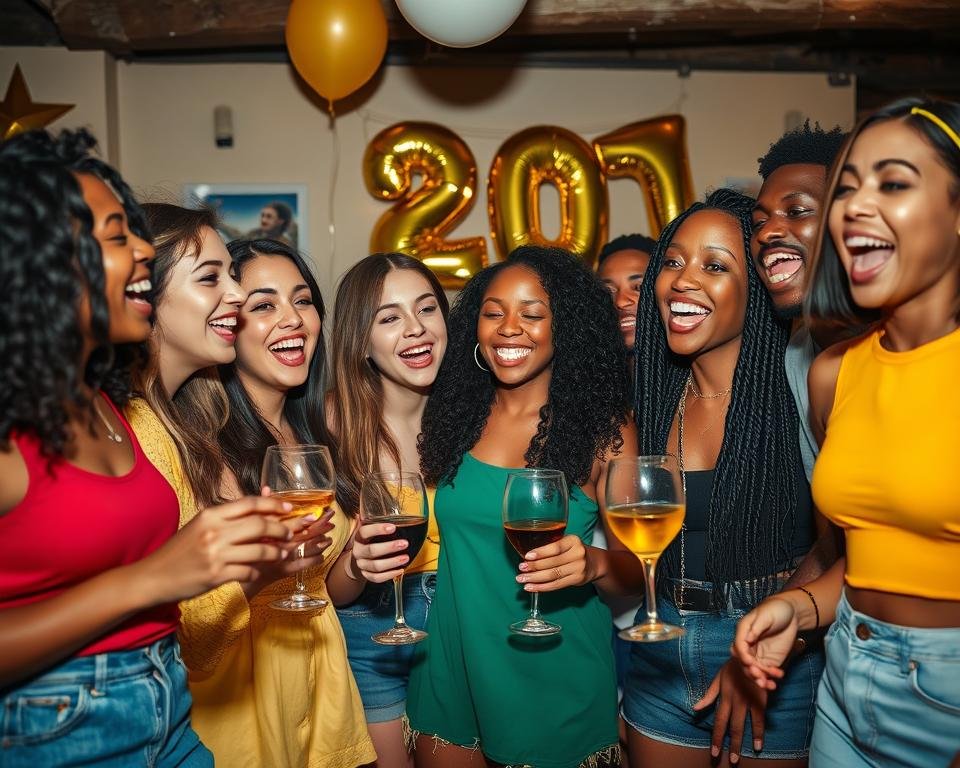 Group of friends laughing and celebrating a 20th birthday party