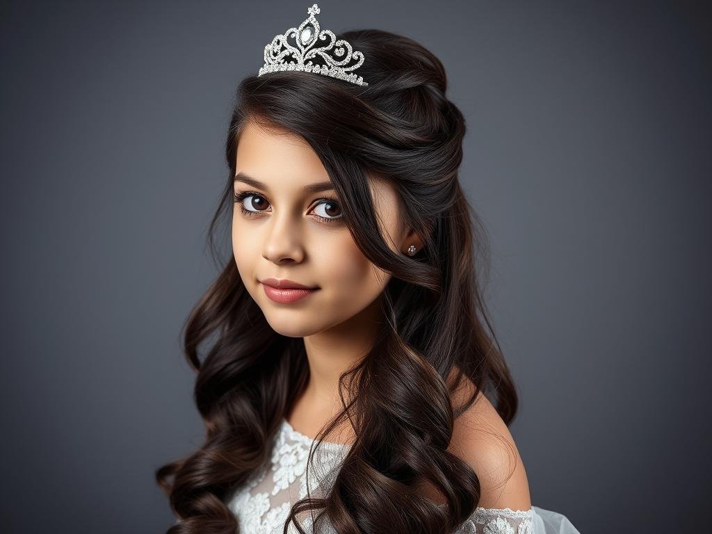 Half-up half-down sweet 16 hairstyle with curls and tiara