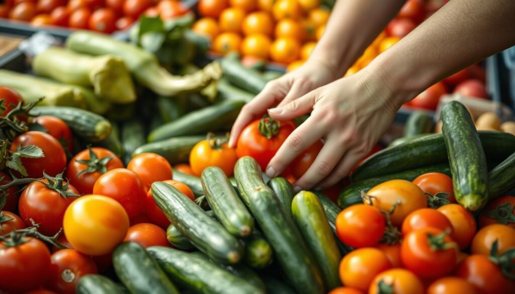 Hand selecting fresh tomatoes and cucumbers at farmers market