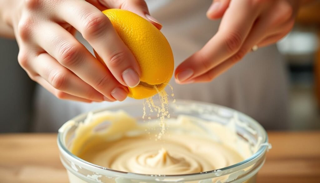 Hand zesting a lemon over cake batter, showing proper technique