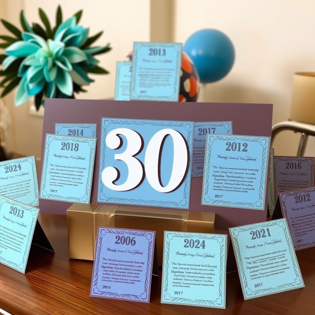 Handmade milestone cards displaying significant moments from 30 years of life Handmade milestone cards displaying significant moments from 30 years of life