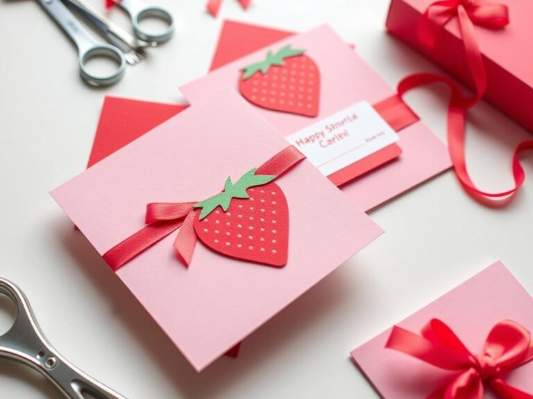 Handmade strawberry shortcake invitation with red and pink color scheme, strawberry cutouts, and ribbon details