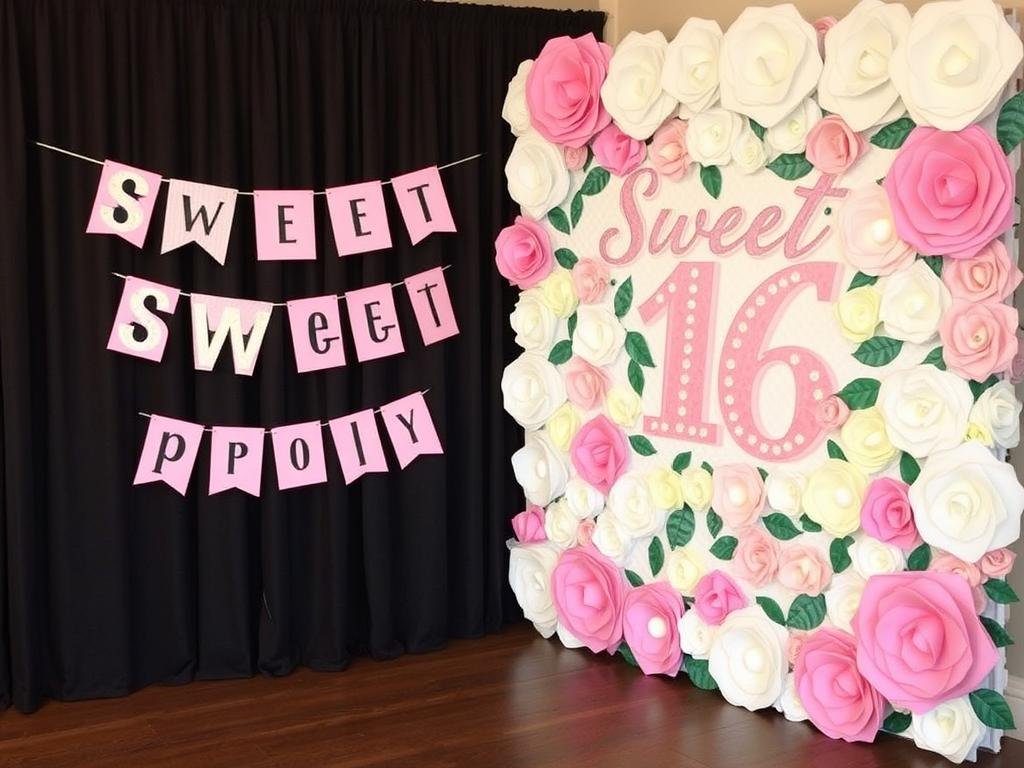 Handmade sweet 16 decorations including banners, signs, and personalized elements Handmade sweet 16 decorations including banners, signs, and personalized elements