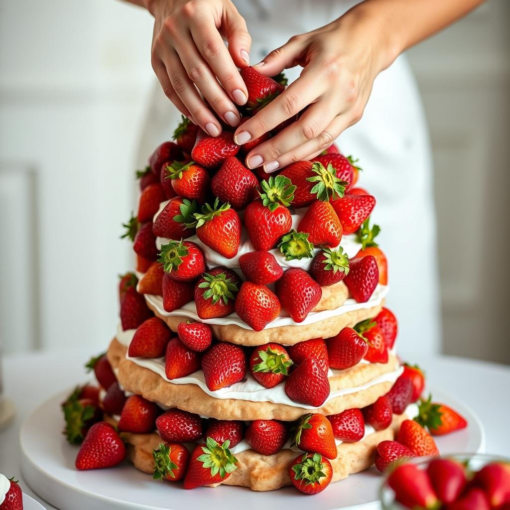 Hands arranging strawberries on a tiered shortcake centerpiece