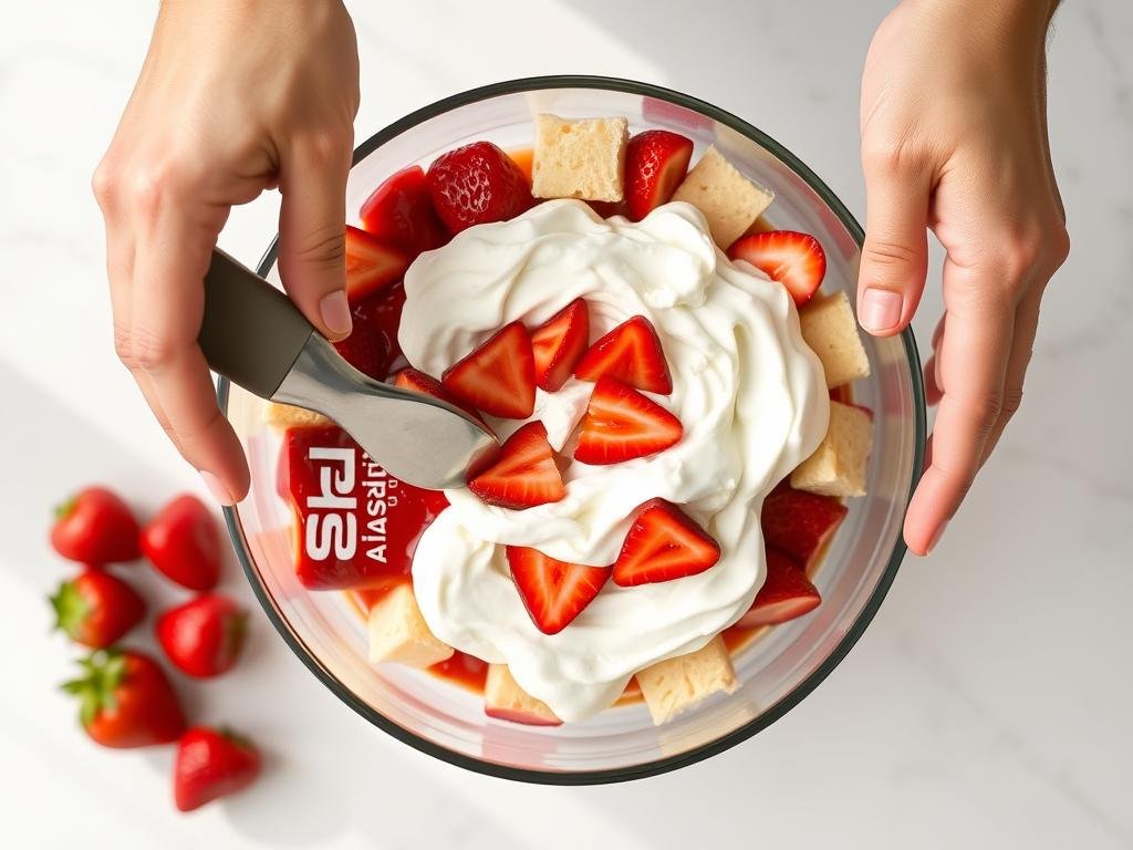 Hands assembling strawberry shortcake trifle showing the layering process