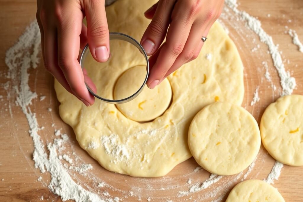 Hands cutting shortcake dough with a biscuit cutter on a floured surface