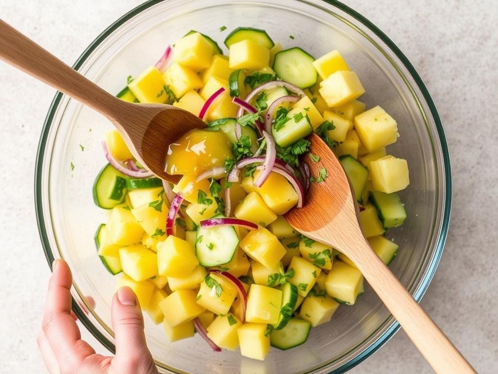 Hands mixing the pineapple cucumber salad in a large glass bowl, showing the vibrant colors coming together