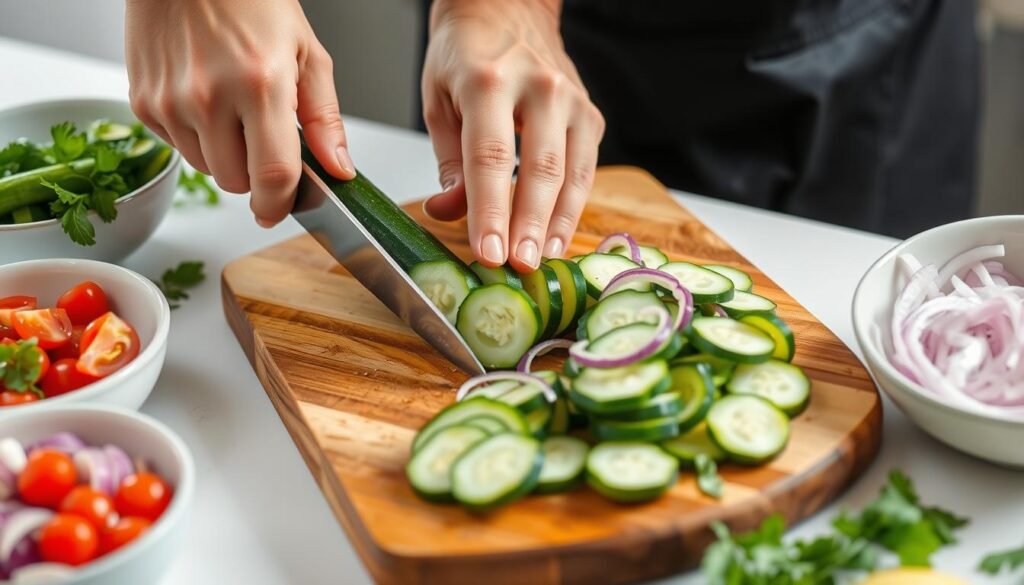 Hands preparing Mediterranean cucumber salad, slicing cucumber on a cutting board Hands preparing Mediterranean cucumber salad, slicing cucumber on a cutting board