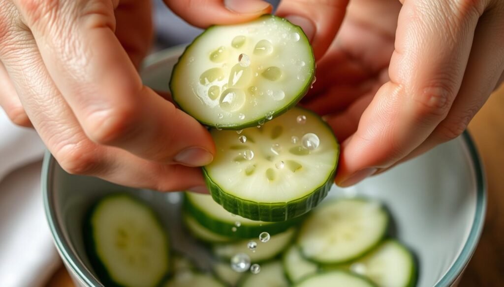 Hands squeezing water from salted cucumber slices, demonstrating the proper technique