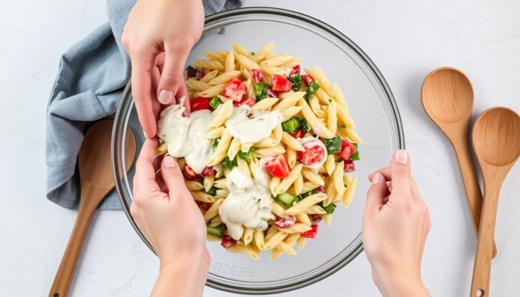 Hands tossing ranch pasta salad in a large bowl, demonstrating proper technique Hands tossing ranch pasta salad in a large bowl, demonstrating proper technique