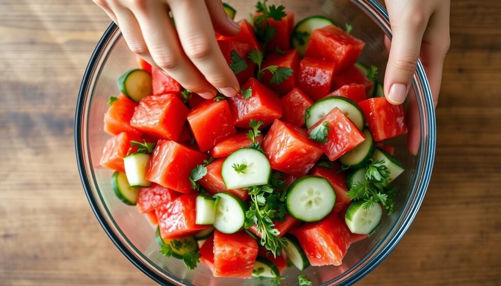 Hands tossing watermelon cucumber salad in a large glass bowl, showing the mixing process