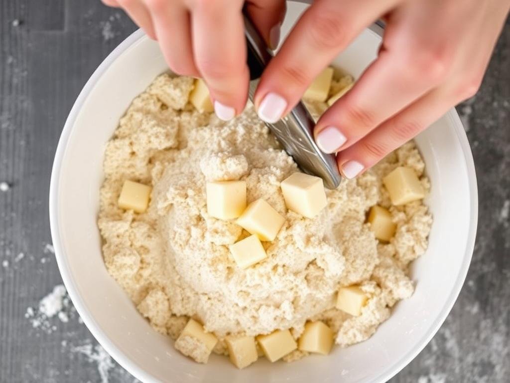 Hands working butter into flour mixture for shortcake biscuits
