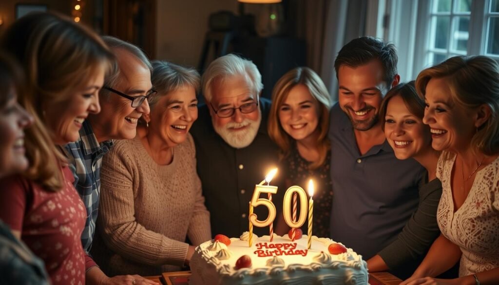 Happy celebration scene with friends and family around a beautiful 50th birthday cake Happy celebration scene with friends and family around a beautiful 50th birthday cake