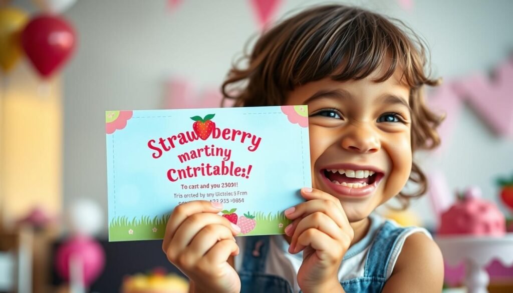 Happy child holding a strawberry shortcake invitation with excitement and joy Happy child holding a strawberry shortcake invitation with excitement and joy
